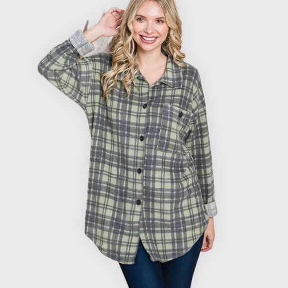NWT REB. in J. 220 Oversized Sage Plaid Oversized Button Up Brushed Top - Picture 3 of 4